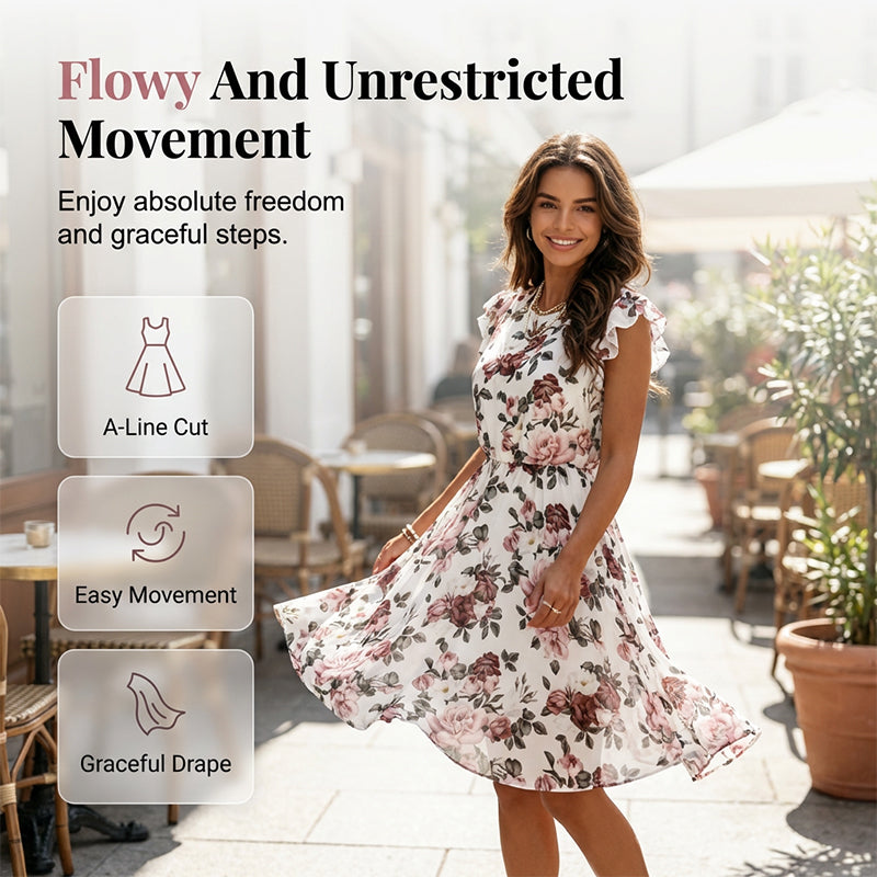 🔥Rochie din șifon🌹Rochie din șifon cu mâneci cu volane și imprimeu floral pentru femei👗❤️-3
