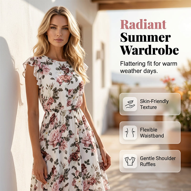 🔥Rochie din șifon🌹Rochie din șifon cu mâneci cu volane și imprimeu floral pentru femei👗❤️-4