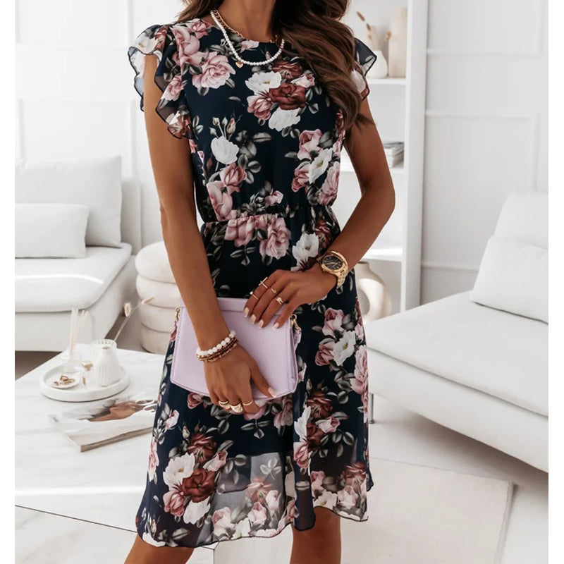🔥Rochie din șifon🌹Rochie din șifon cu mâneci cu volane și imprimeu floral pentru femei👗❤️-12