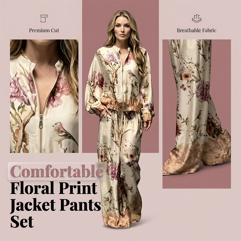 🌷Set elegant compus din jachetă cu imprimeu floral și pantaloni cu croi larg💝😍