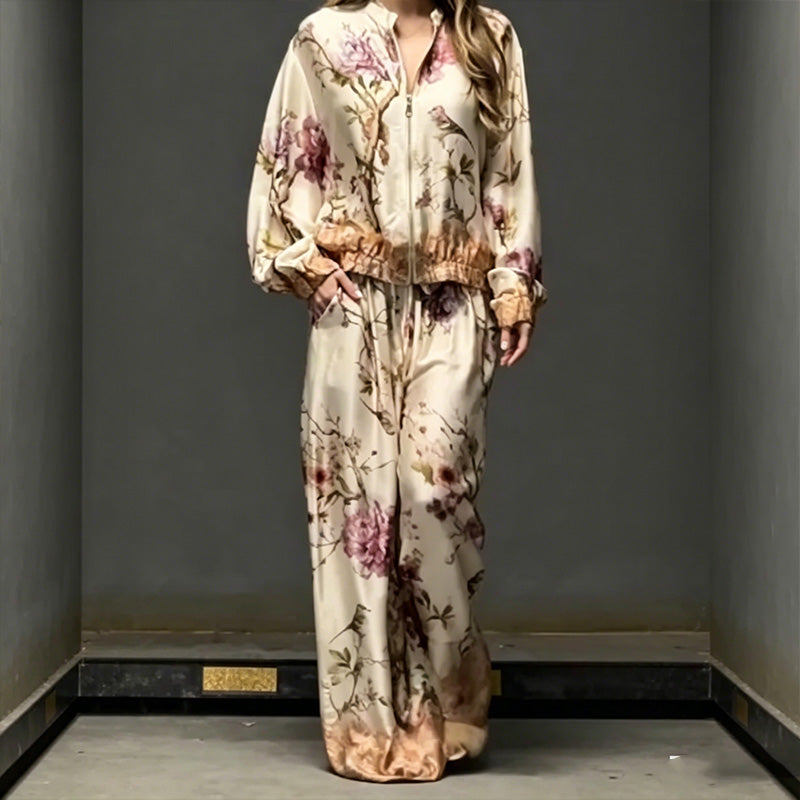 🌷Set elegant compus din jachetă cu imprimeu floral și pantaloni cu croi larg💝😍-9
