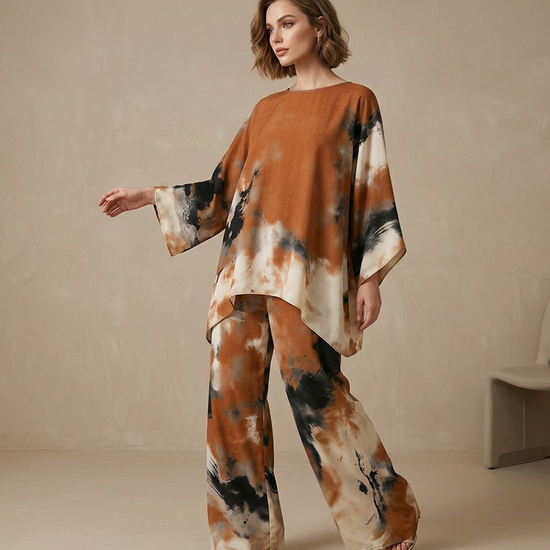 💥Reducere de 50%💥Set compus din pantaloni largi, fluizi, cu imprimeu abstract, și top-2