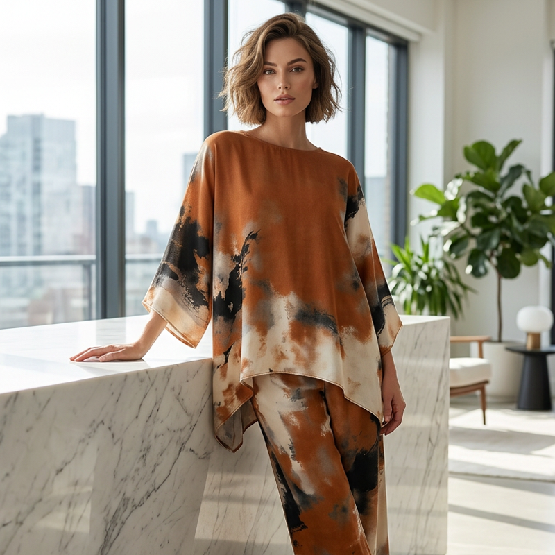 💥Reducere de 50%💥Set compus din pantaloni largi, fluizi, cu imprimeu abstract, și top-3