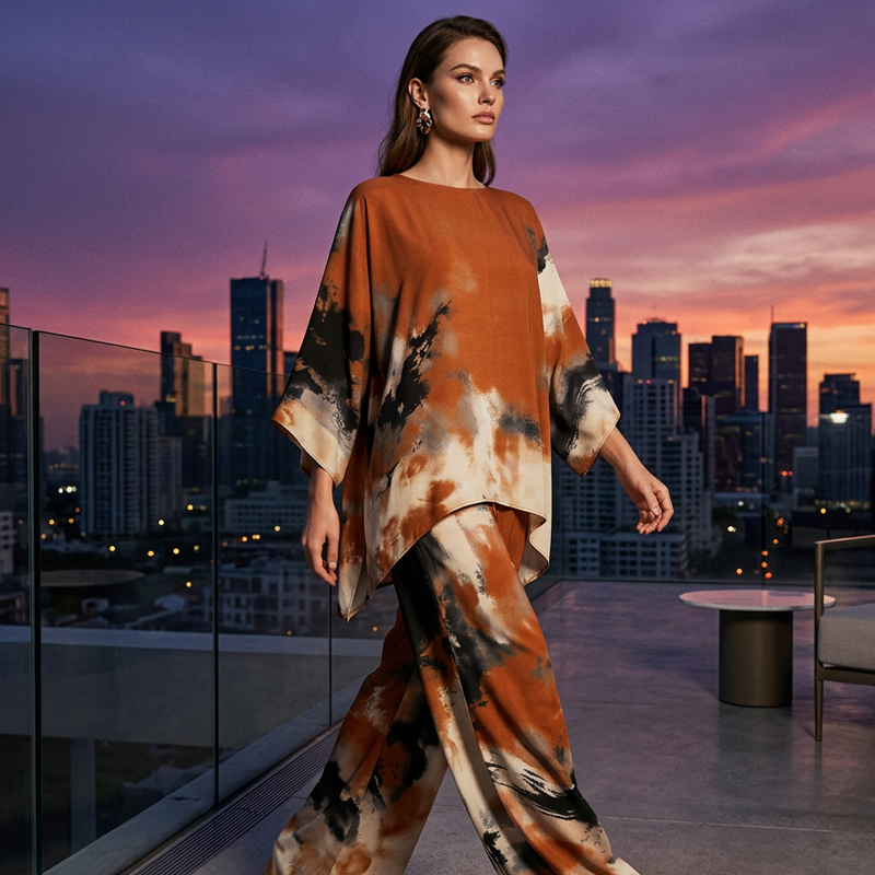 💥Reducere de 50%💥Set compus din pantaloni largi, fluizi, cu imprimeu abstract, și top-4