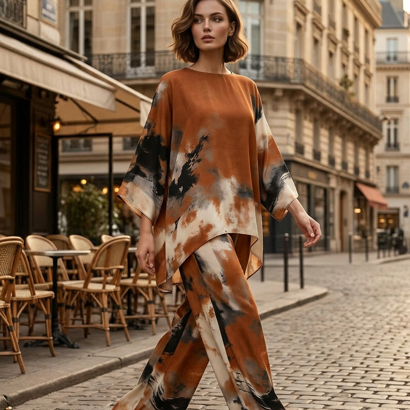 💥Reducere de 50%💥Set compus din pantaloni largi, fluizi, cu imprimeu abstract, și top-5