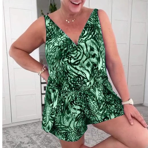 🏊‍♀️🏖️Costum de baie fără mâneci, cu decolteu în V și imprimeu🩱-2