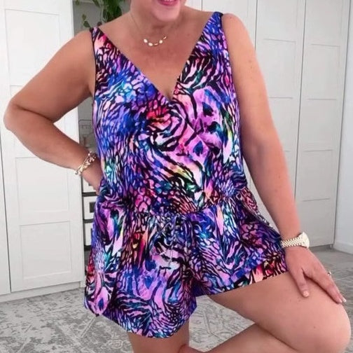 🏊‍♀️🏖️Costum de baie fără mâneci, cu decolteu în V și imprimeu🩱-3
