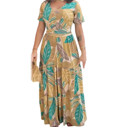 🌿【S-5XL】🍃Rochie maxi vaporoasă pentru femei, cu imprimeu de frunze
