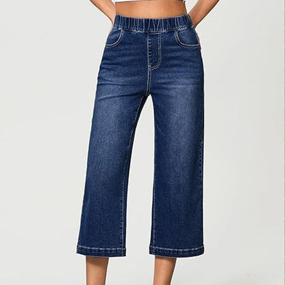 Blugi din denim pentru femei, cu talie elastică, croi larg și lungime scurtă