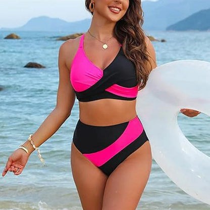 💖Set de costume de baie pentru femei Color-Block Criss Cross Lace Back💥