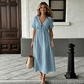 Rochie midi de vară pentru femei, cu decolteu în V și legătură în față