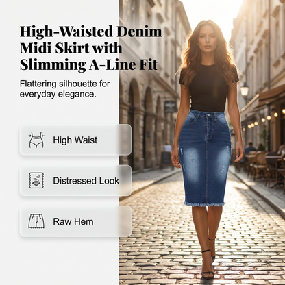 Fustă din denim pentru femei, cu talie înaltă și margini franjurate