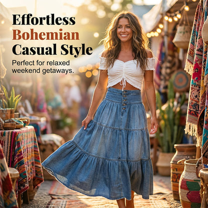 👗 Fustă lungă din denim – talie înaltă, în straturi, croială în A, cu nasturi în față ✨