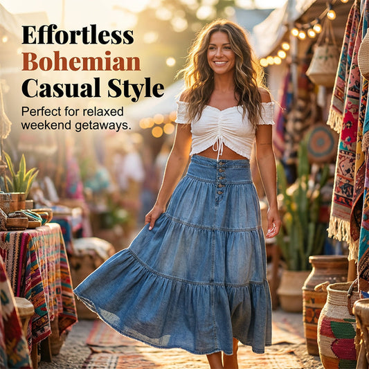 👗 Fustă lungă din denim – talie înaltă, în straturi, croială în A, cu nasturi în față ✨
