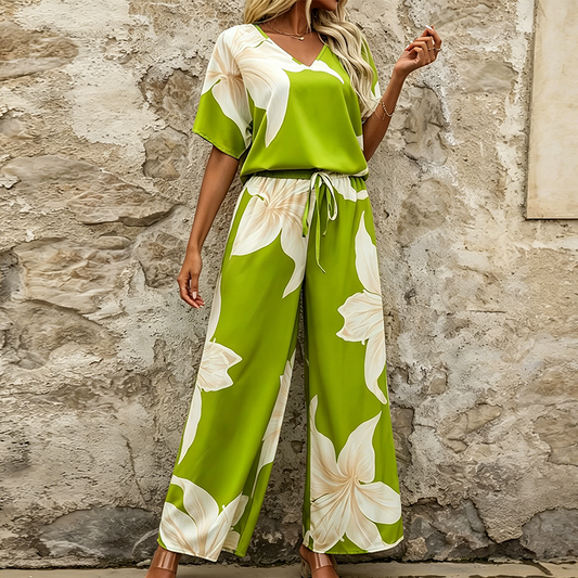Set pentru femei: top cu imprimeu floral și pantaloni cu croi larg
