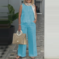 Costum simplu și respirabil pentru femei – bluză fără mâneci cu guler rotund și pantaloni cu croi larg