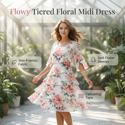 Rochie elegantă din șifon cu imprimeu floral și volane