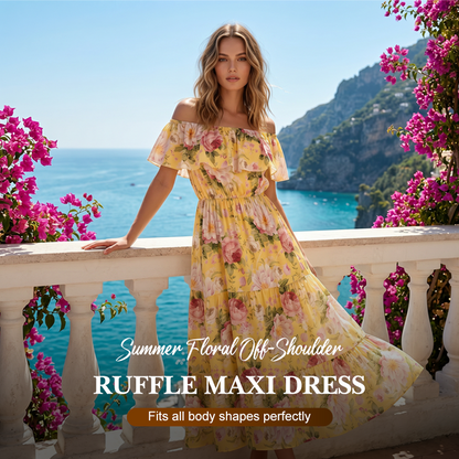 👗 Rochie lungă de vară cu imprimeu floral, cu umerii goi și volane – elegantă, vaporoasă și perfectă pentru zilele însorite 🌸☀️