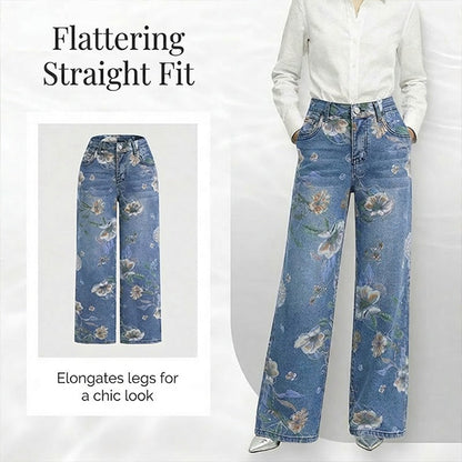 Blugi drepți cu imprimeu floral pentru femei