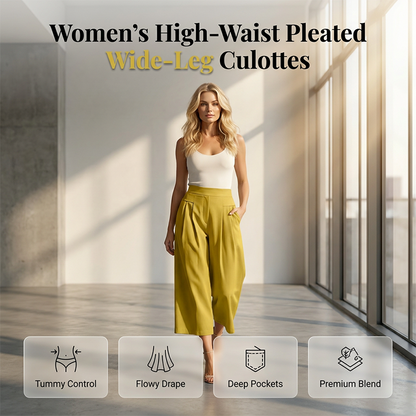Pantaloni culottes pentru femei, cu talie înaltă, plisați și cu croi larg