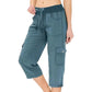 Pantaloni cargo 3/4 cu talie înaltă și șnur, culoare uni, pentru femei