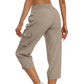 Pantaloni cargo 3/4 cu talie înaltă și șnur, culoare uni, pentru femei