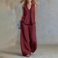 Set elegant de bluză fără mâneci și pantaloni, cu croială lejeră