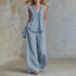 Set elegant de bluză fără mâneci și pantaloni, cu croială lejeră