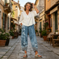 Pantaloni largi pentru femei, cu imprimeu floral vintage