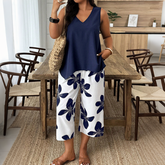 🌸Set compus din un top asimetric și pantaloni capri cu imprimeu floral pentru femei – Versatil, plin de viață, confortabil 🌺