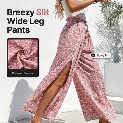 Pantaloni pentru femei cu talie smocată și croi larg, cu fante