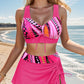 🏖️👙 Costum de baie din trei piese pentru femei, cu imprimeu – decolteu în V, cu șnururi de strângere, spate cu cusături încrucișate 🌺💕