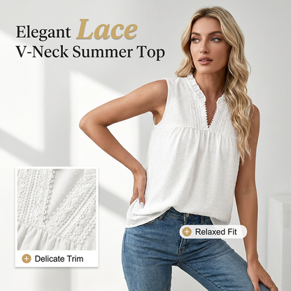 👚Bluză fără mâneci cu buline – decolteu în V din dantelă, cu volane, croială babydoll 🌼