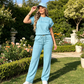 Set de top casual cu mânecă scurtă și pantaloni evazați pentru femei