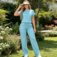 Set de top casual cu mânecă scurtă și pantaloni evazați pentru femei
