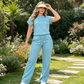 Set de top casual cu mânecă scurtă și pantaloni evazați pentru femei