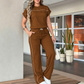 Set de top casual cu mânecă scurtă și pantaloni evazați pentru femei