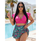 Costum de baie pentru femei cu două piese, imprimeu tropical și fustă