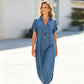 Rochie lungă din denim cu decolteu în V și fermoar, pentru femei