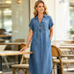 Rochie lungă din denim cu decolteu în V și fermoar, pentru femei