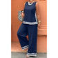 🤍Costum pentru femei: Set de damă lejer, cu bluză fără mâneci, cu bordură cu model circular✨