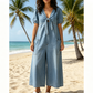 ☀️Eleganță estivală fără efort – Salopetă pentru femei cu croială lejeră, decolteu în V, legătură în față și picioare largi🌴
