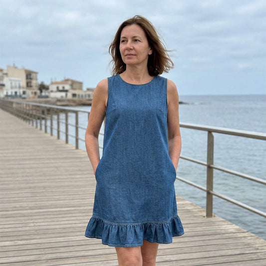 Rochie fără mâneci din denim pentru femei, cu volane la tiv