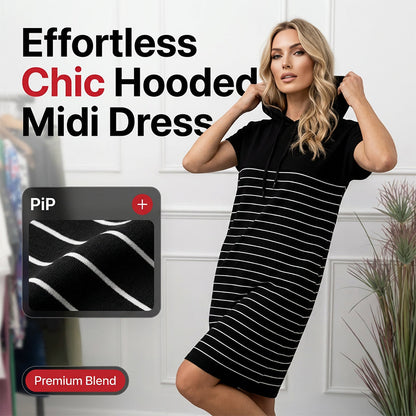 Rochie midi cu glugă și dungi, cu buzunare