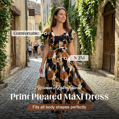 Rochie maxi plisată cu imprimeu floral retro pentru femei