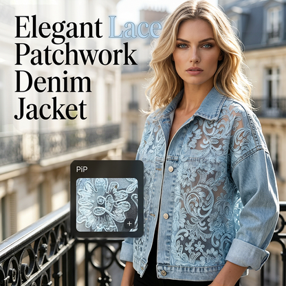 Jachetă din denim pentru femei, cu croială lejeră, imprimeu floral, dantelă și patchwork