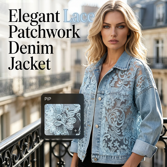 Jachetă din denim pentru femei, cu croială lejeră, imprimeu floral, dantelă și patchwork