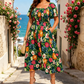 👗 Rochie midi cu decolteu pătrat, cu smocuri florale și buzunare