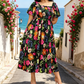 👗 Rochie midi cu decolteu pătrat, cu smocuri florale și buzunare