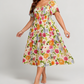 👗 Rochie midi cu decolteu pătrat, cu smocuri florale și buzunare
